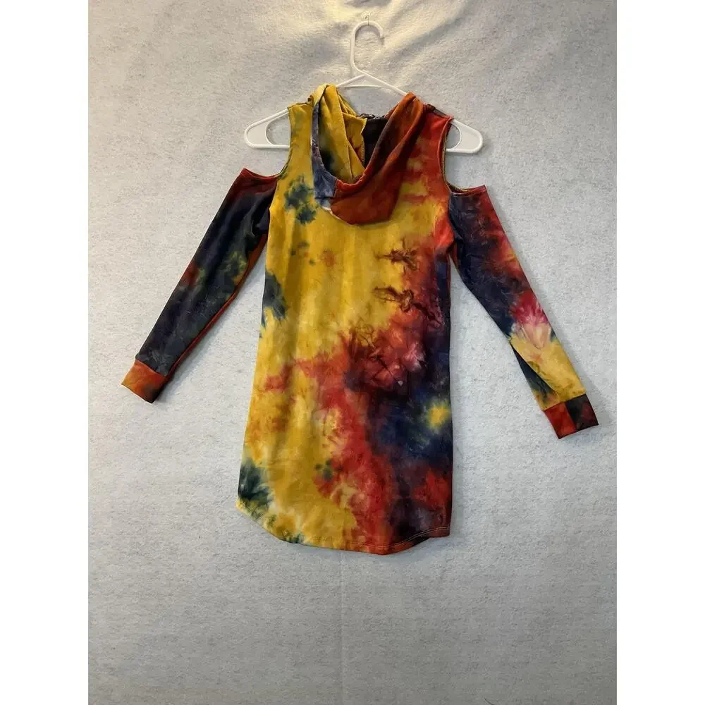 Tove Dress Womens Small Multicolor Tie Dye Hooded‎ Cold Shoulder Fleece Mini